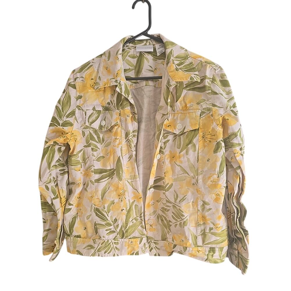 Alfred Dunner Yellow Green Floral Button Front Trucker Jacket Womans Size 14‎